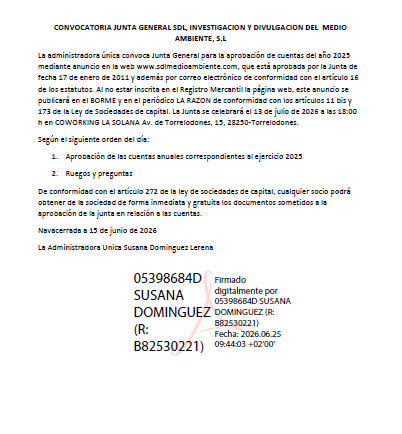 CONVOCATORIA JUNTA GENERAL SDL, INVESTIGACION Y DIVULGACION DEL MEDIO AMBIENTE, S.L