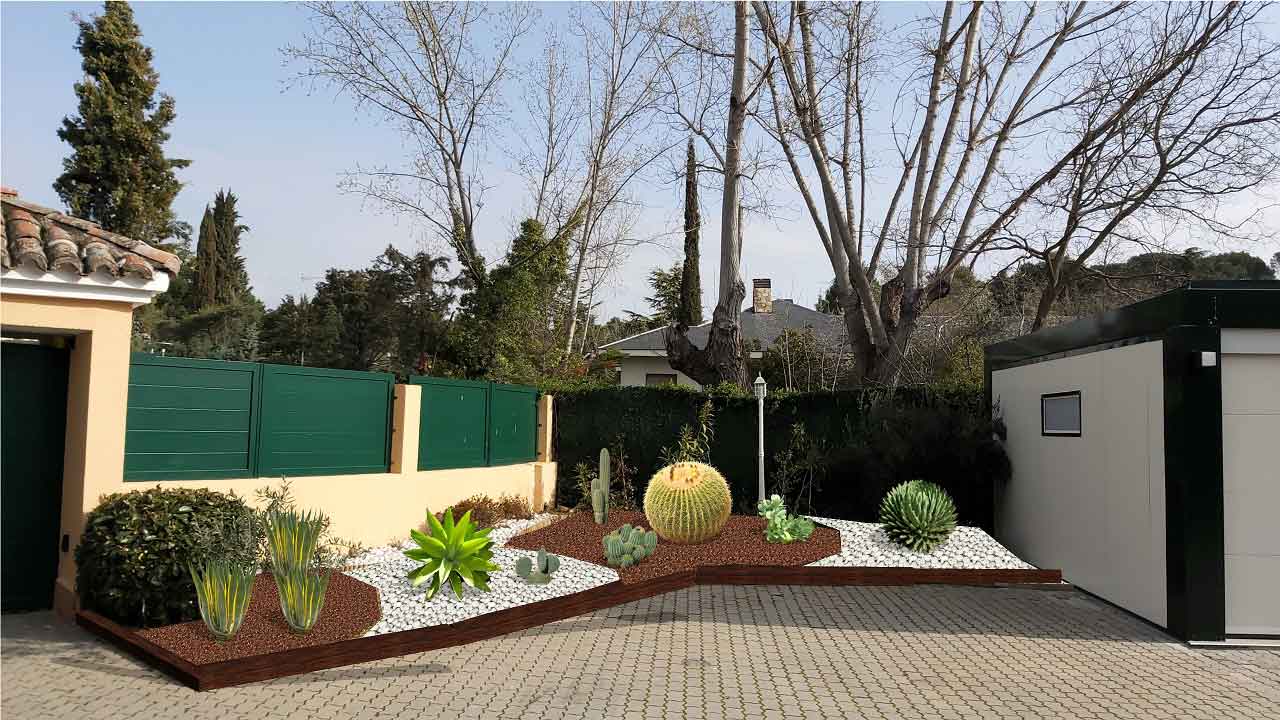 zona-entrada-cactus-jardineria-regenerativa Simulación 3D del diseño de zona de entrada a una casa con cactus